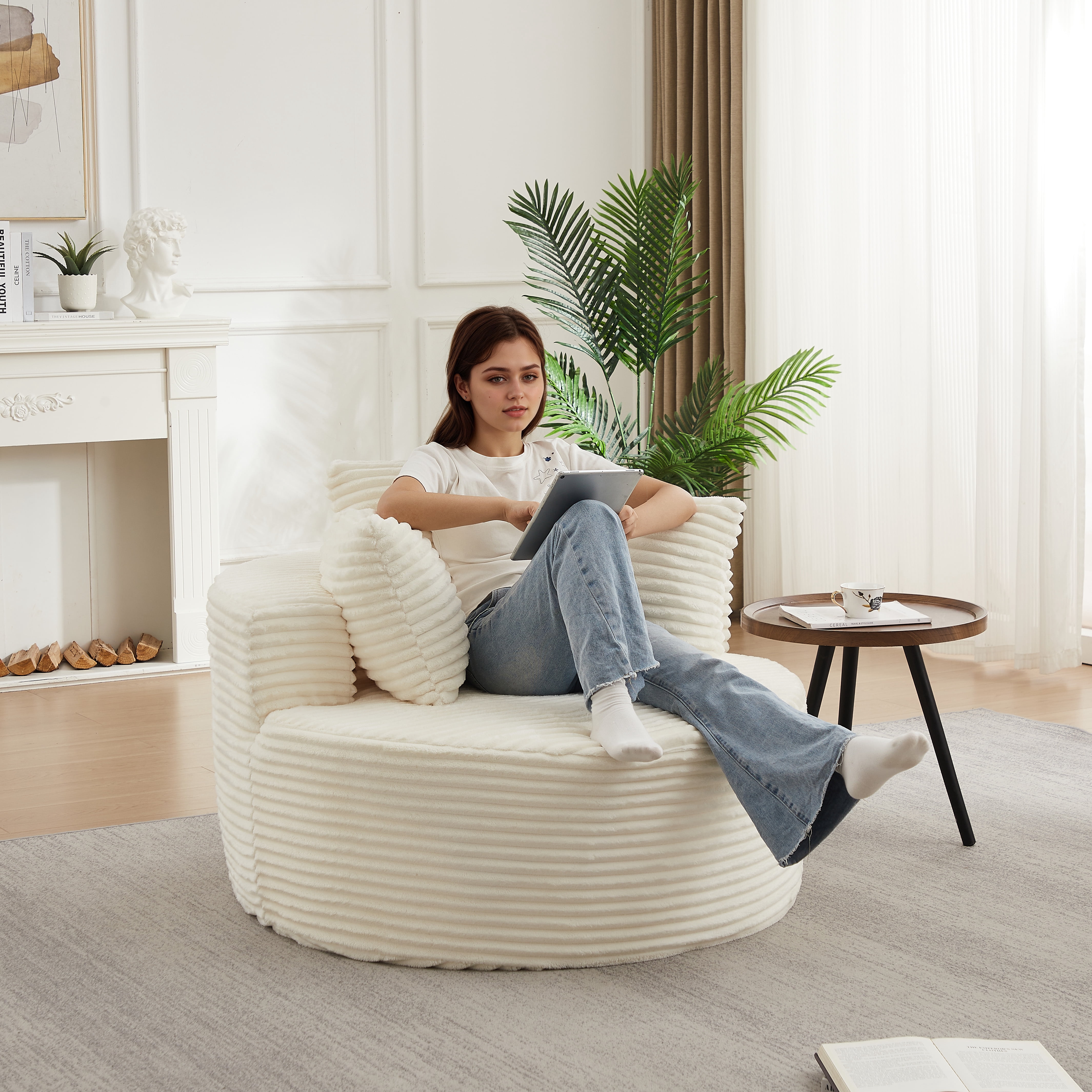 43 Inch Round Corduroy Single Sofa Lounge Chair with 3 Pillows, Spring Coil Filled Compressed Shipment Minimalist Accent Chair for Bedroom Living Room Game Room Lounge