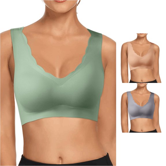 Xijirk Women Scalloped V Neck Wireless Bra Seamless Padded Wide Strap Comfort Sleep Bralette for Everyday Home Wear,Green,S