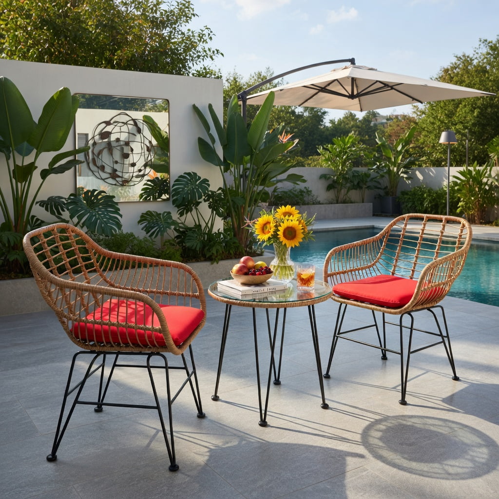 Hommoo 3-Piece Rattan Outdoor Furniture Set, 2 Cushioned Chairs + Tempered Glass Coffee Table, Weather-Resistant, Indoor/Outdoor Use, Red
