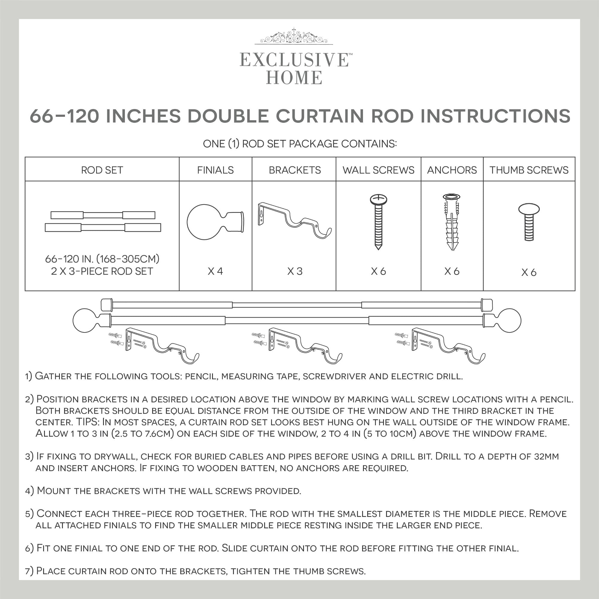 Exclusive Home Topper Double Curtain Rod and Finial Set, Oil Rubbed Bronze, 36"-72"