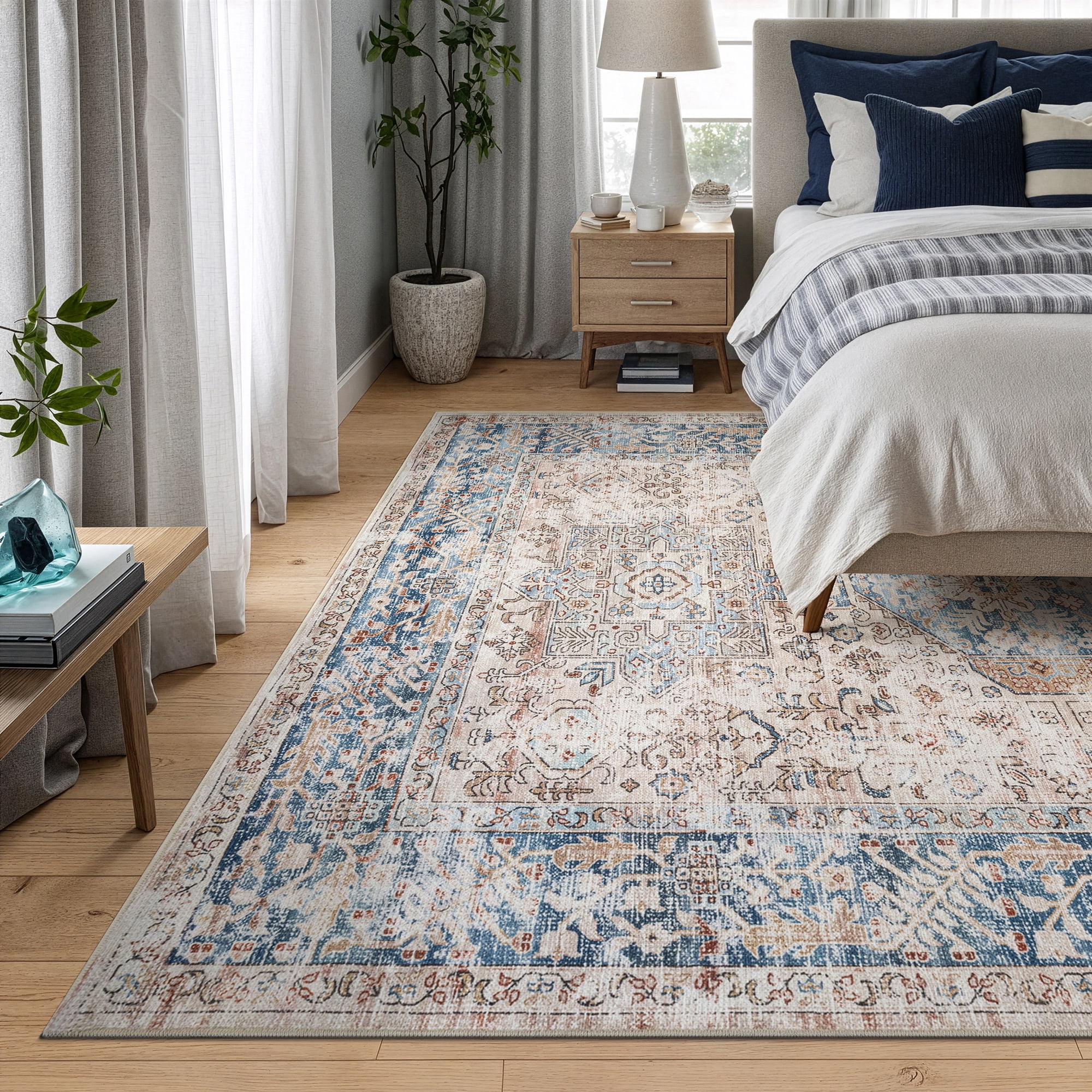 Bloom Rugs Washable Non-Slip 8x10 Rug - Beige / Ocean Blue Traditional Oriental Area Rug for Living Room, Bedroom, Dining Room, and Kitchen - Exact size: 8' x 10'