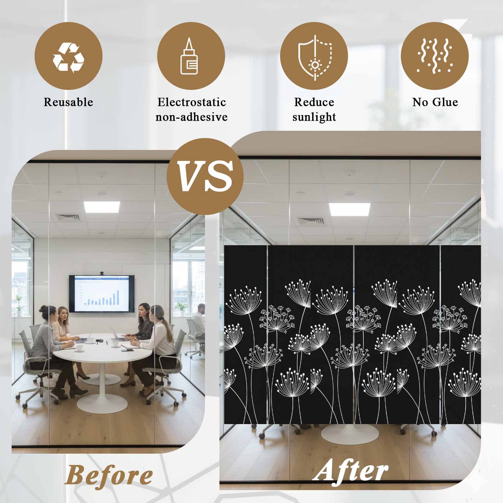Spring Dandelion Window Privacy Film, Modern Country Flower Black White Static Cling UV Sun Blocking Tint Film Heat Control Windows Films for Bedroom Bathroom, Window Stickers 17.7"x39.3"