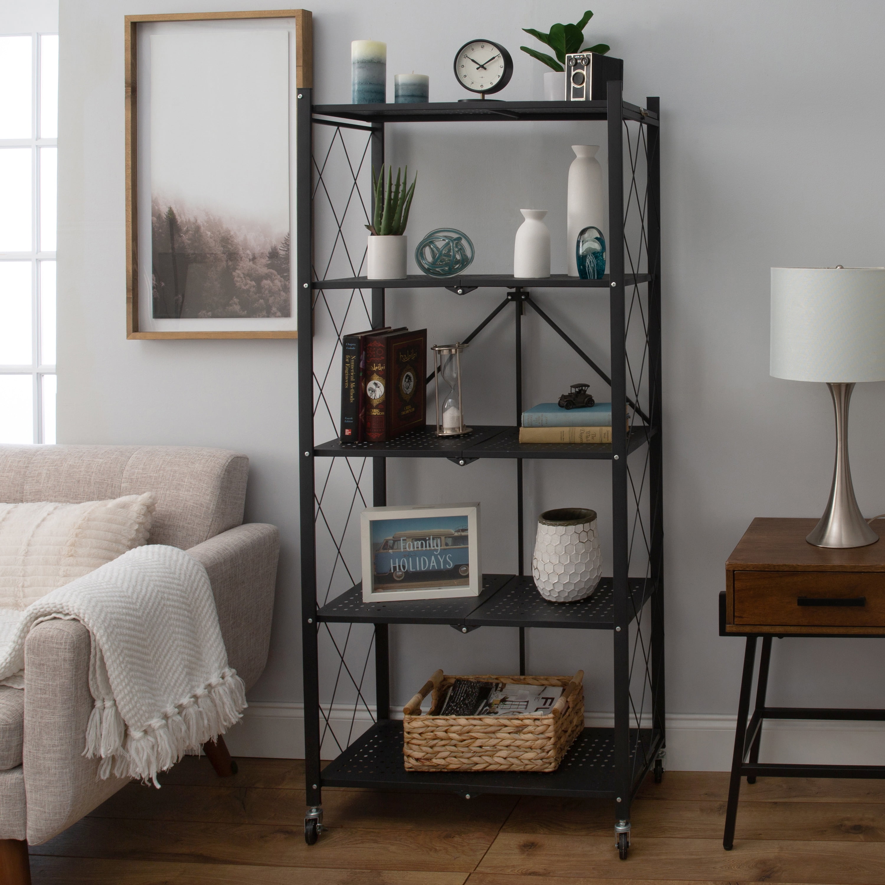 Organize It All 5 Shelf Foldable Metal Storage Shelves, Wheels, Adult, Kitchen, Laundry Room, Black