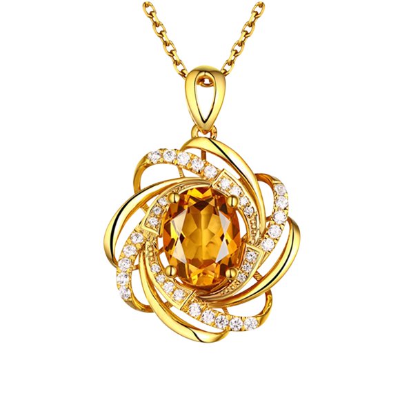 Riforla Women's Fashion Pendant Gold Silver Citrine Necklace Full Diamond Flower Pendant Womens Jewelry Gold