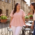 thumbnail image 3 of Agnes Orinda Women's Plus Size Gingham Tops Plaid Peplum Button Decor V Neck Short Sleeve Casual Babydoll Blouse 1X Pink, 3 of 8