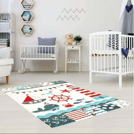 Nautical Area Rugs Ladole Rugs Adorable Cute Durable Soft Modern Moda Collection Kids Area Rug Carpet with Nautical White, 4x6 ()