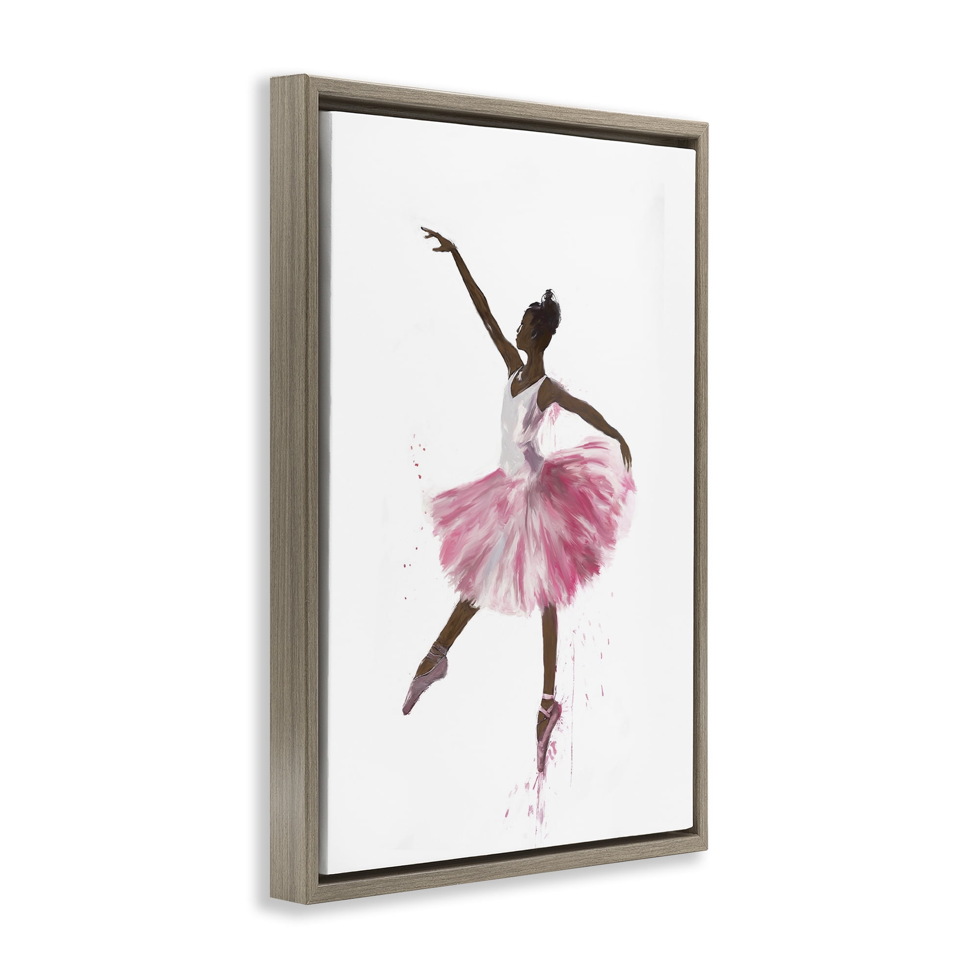 Stupell Industries Graceful Ballerina in Pink Novelty Painting Brown Floater Framed Art Print Wall Art, 21 x 31