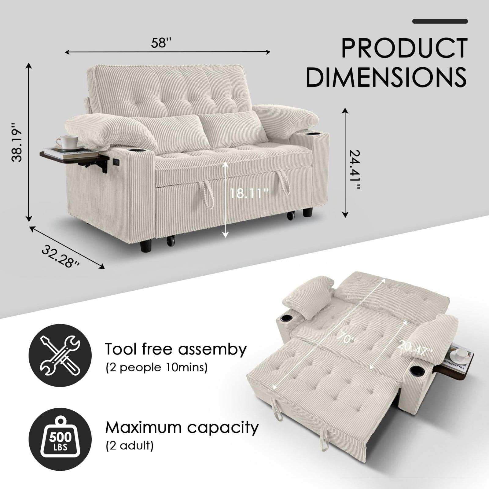 58" Sleeper Sofa Bed, Convertible Pull Out Couch Full Size Loveseat with Corduroy Fabric, USB Charging, Adjustable Backrest for Living Room Apartment Office, Beige