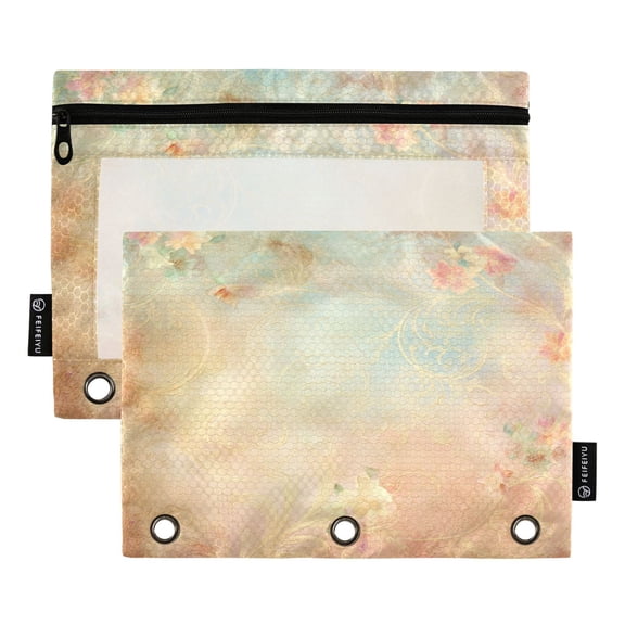 2 Pack 3 Ring Binder Pouch with Clear PVC Window Water Resistant Zipper Pencil Pouch Golden Filigree Blooms Binder Pocket for Classroom Office Home Stationery Organization