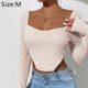 thumbnail image 2 of Camisetas recortadas con dobladillo asimétrico ajustado y cuello cuadrado para mujer, Top corto liso tejido de manga larga, 2 of 5