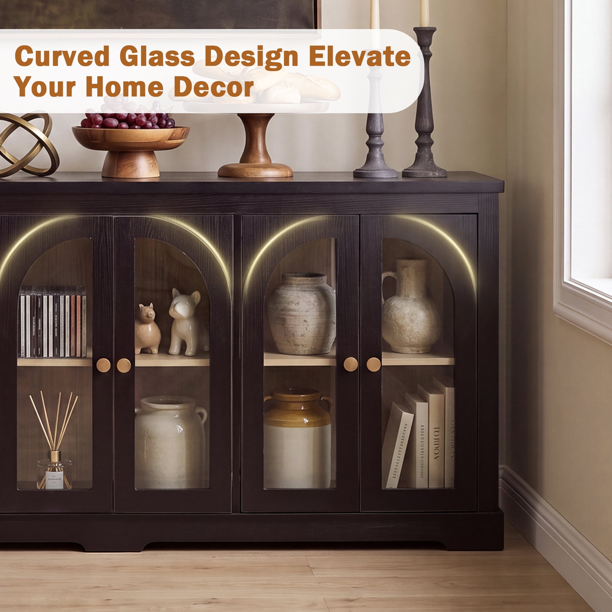 HOQBN 68" Modern Arched Glass Sideboard with 6 Doors, Buffet Cabinet with Storage and Adjustable Shelves, Large Credenza for Living Room,Kitchen,Entryway,Black