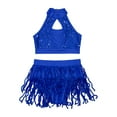 thumbnail image 3 of TiaoBug Girls Jazz Latin Dance Outfits Sleeveless Halter Crop Top with Sequins Tassel Shorts Set Samba Costume Royal Blue 16, 3 of 5