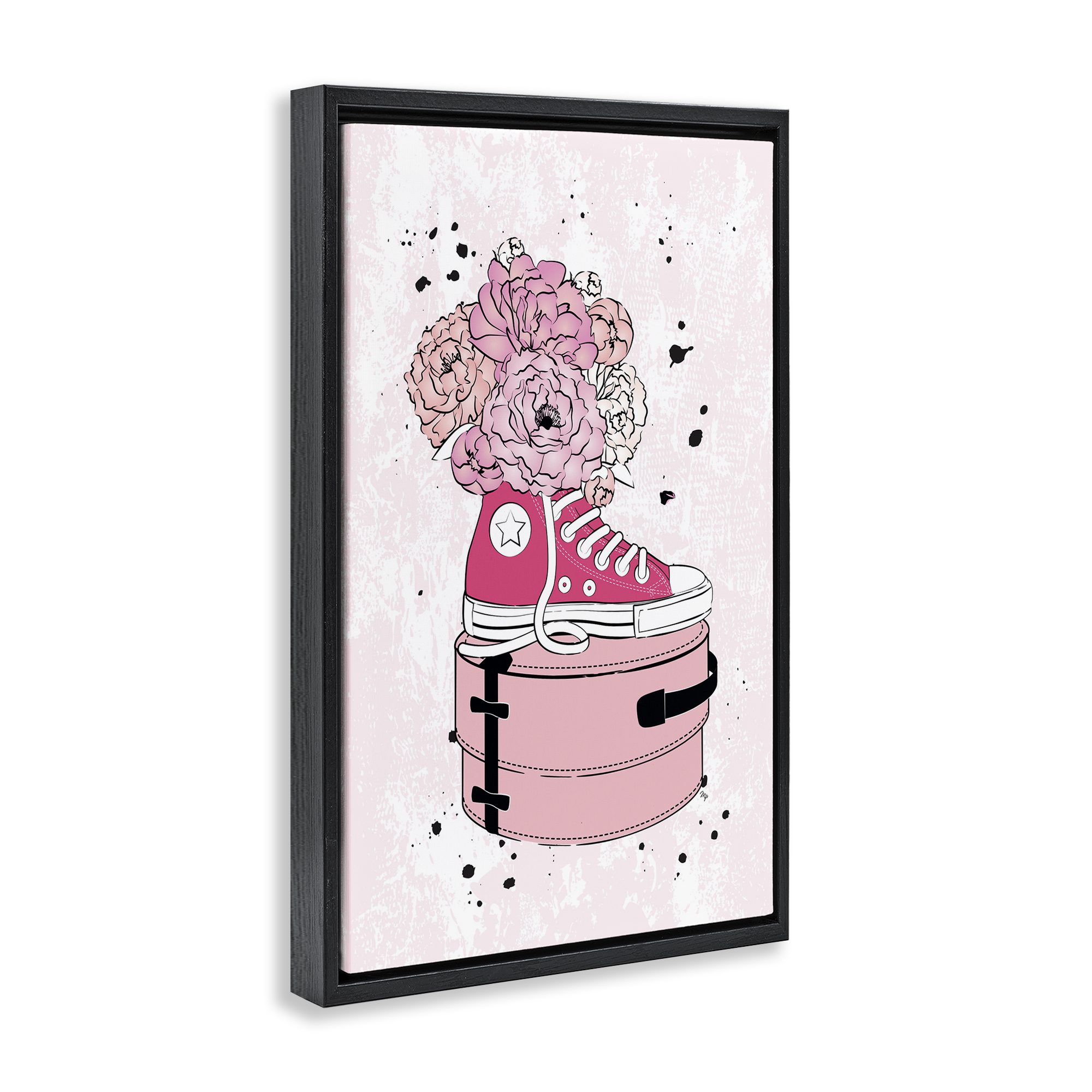 Stupell Industries Pink Floral Sneaker Beauty & Fashion Painting Black Floater Framed Art Print Wall Art, 21 x 31