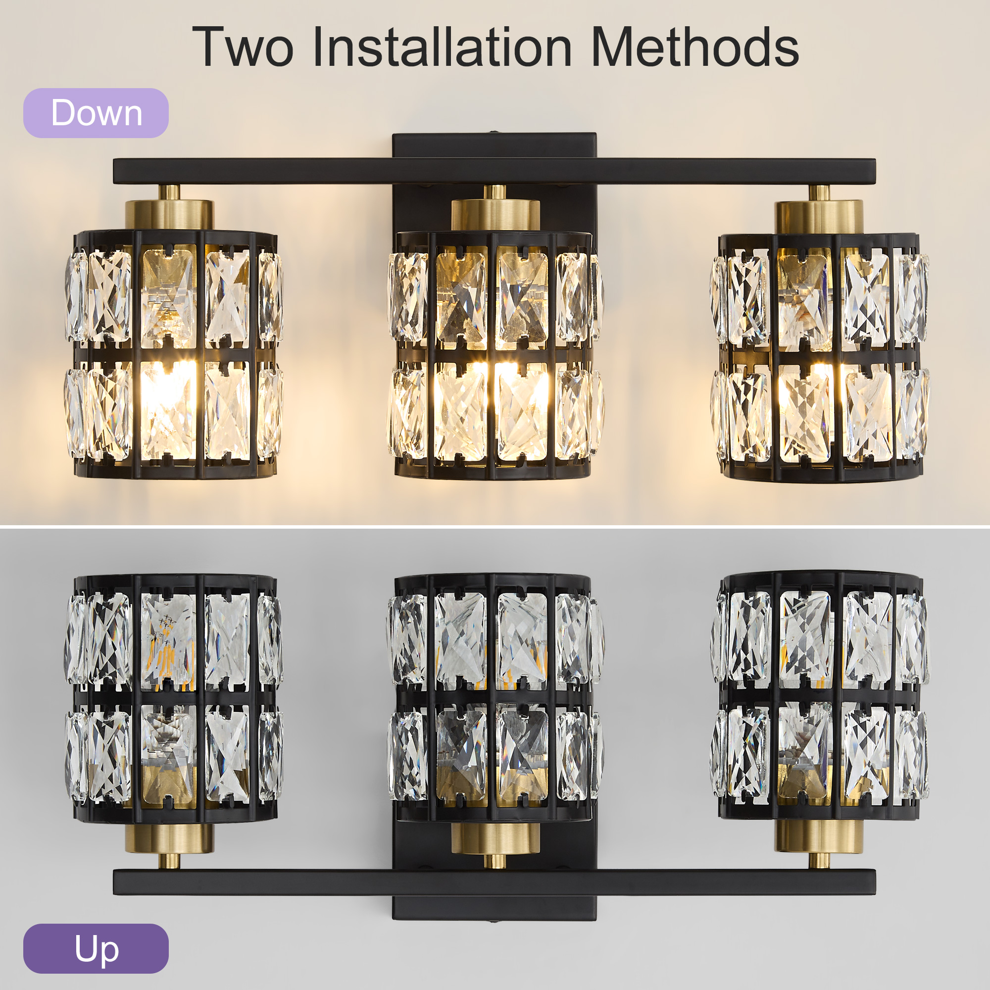 Deyidn 3-Light Black&Gold Bathroom Vanity Light, 18.9" Dimmable Modern Wall Mirror Light Fixture with Cylinder Crystal Shades for Bathroom, Powder Room
