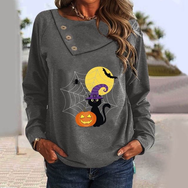 Costumes d'Halloween pour Femmes 2023 Manches Longues Chandail Col Rond Imprimé Blouse Décontractée Grande Taille en Solde