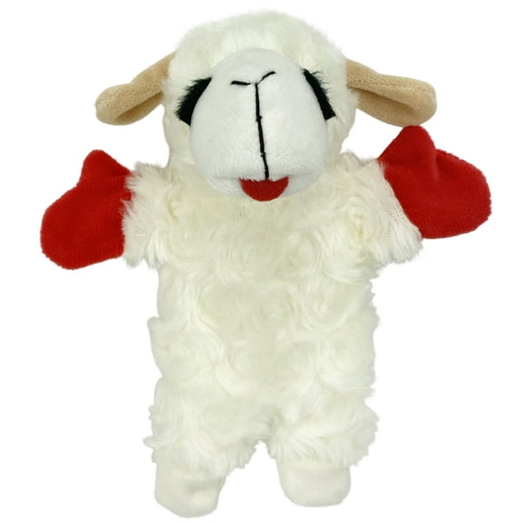 Multipet Lamb Chop Plush Crinkle Flop Dog Toy, White with Red Paws