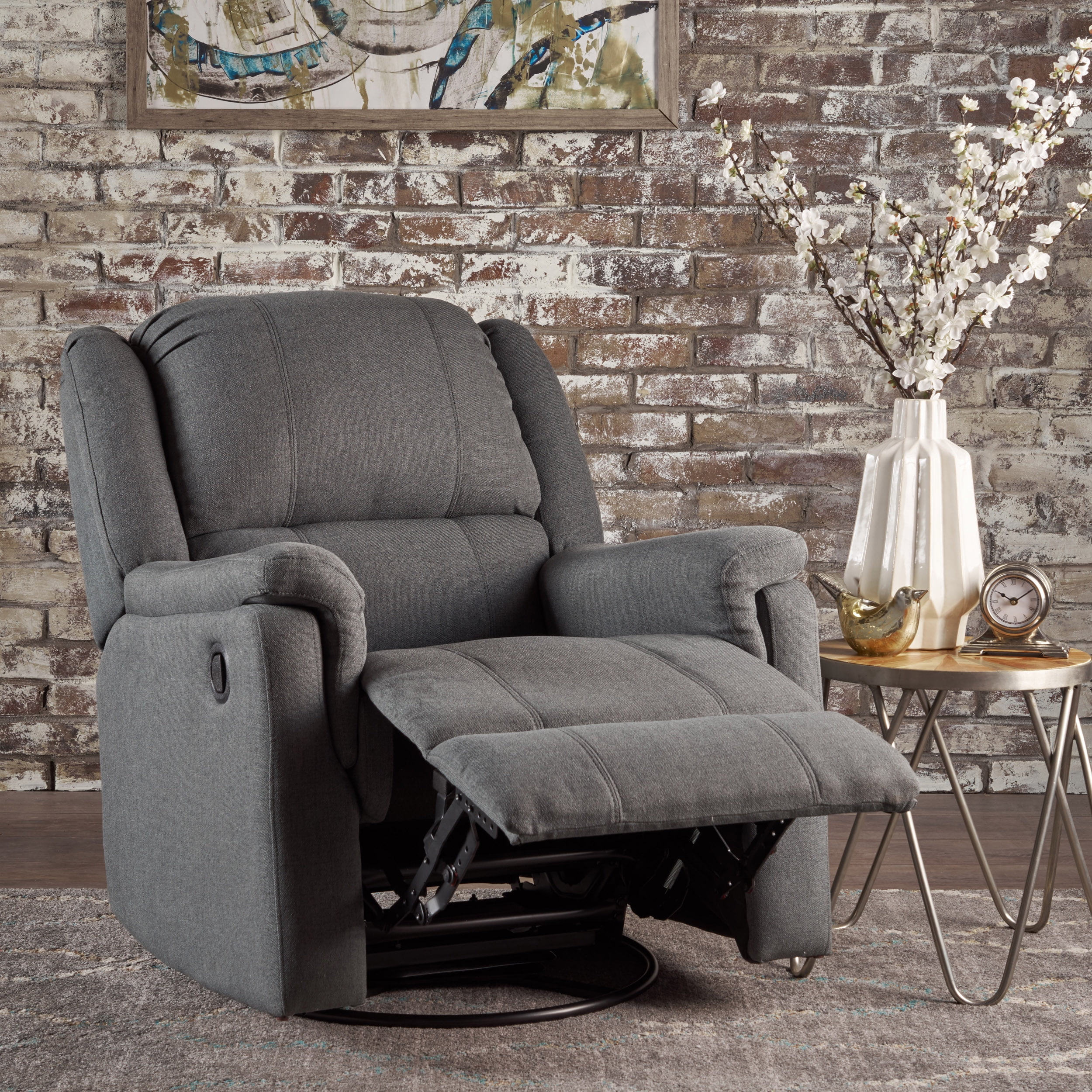 Euroco Charcoal Fabric Glider Recliner with Swivel, Manual Reclining Chair