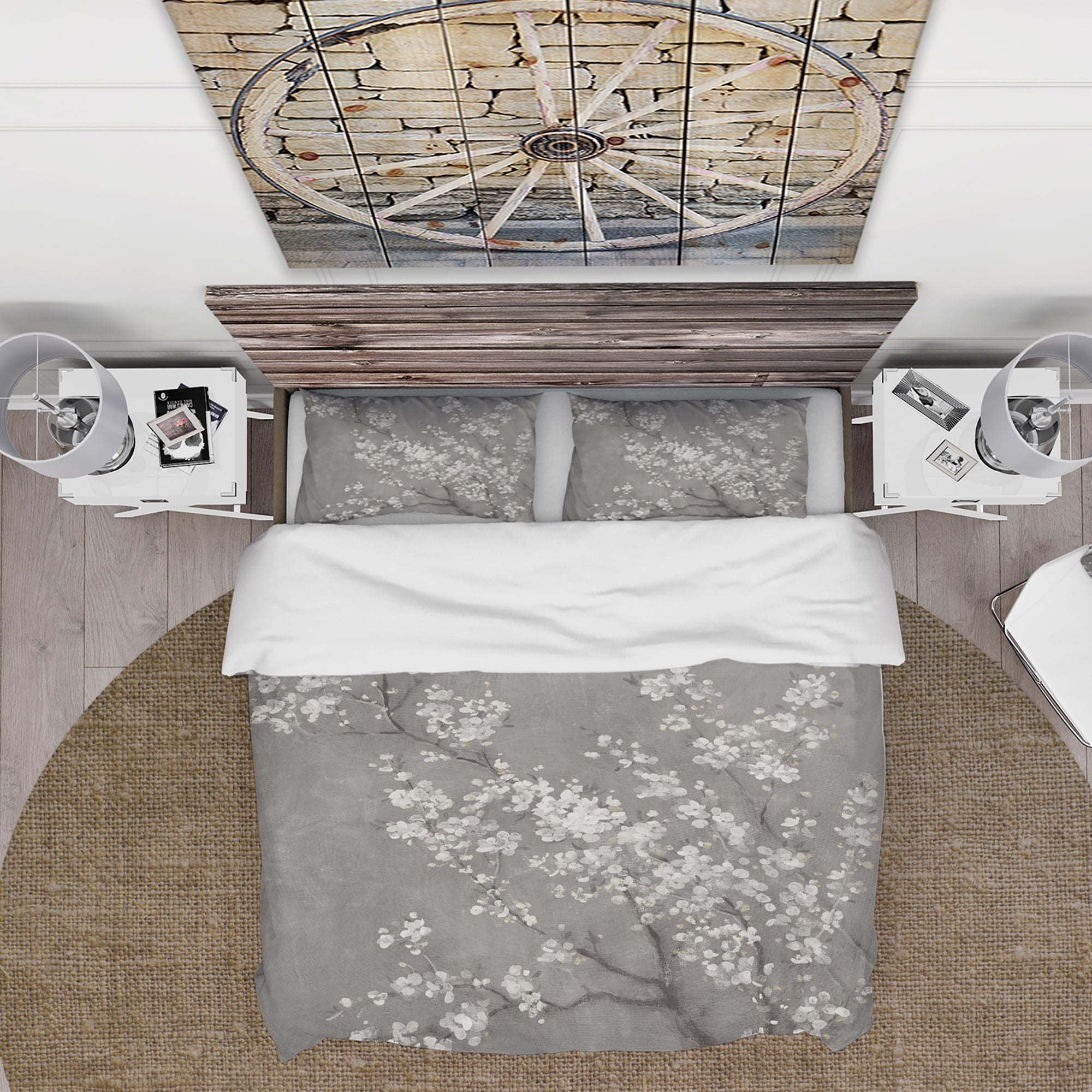 Designart 'White Cherry Blossoms II' Farmhouse Duvet Cover Set