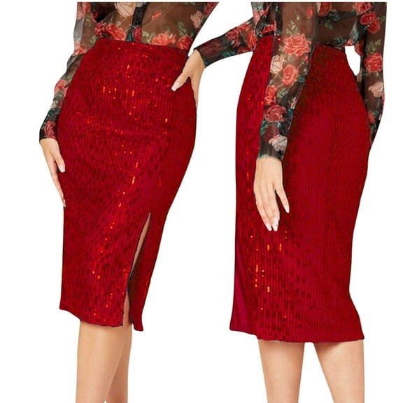 BLTIBY Women's Sequin Skirt High Waist Side Split Sparkly Glitter Pencil Midi Wrap Skirt Elegant Cocktail Party Skirts Red XL