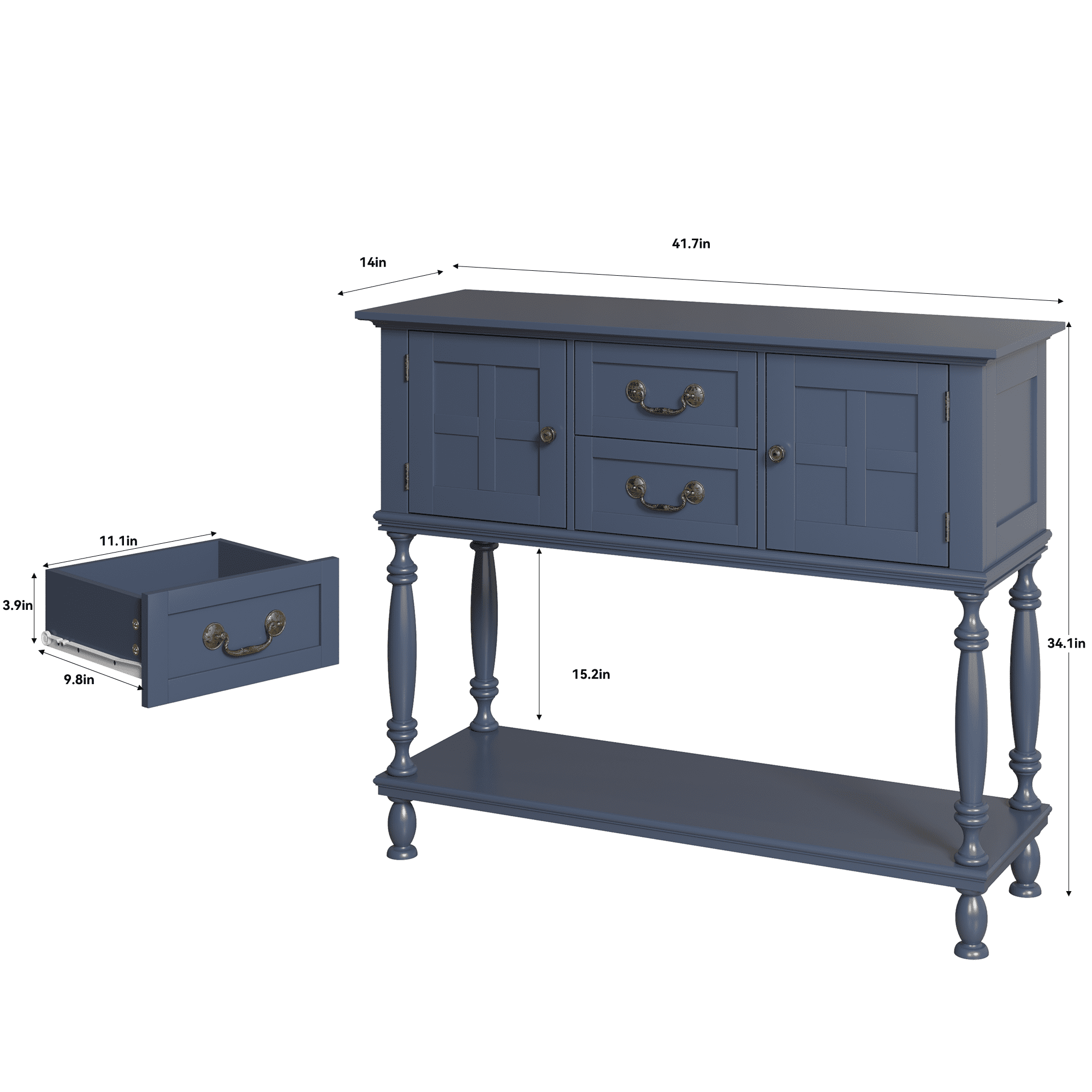 ZOSQUARE 42" Blue Console Table with Storage Cabinet, Entryway Table with Turned Legs and Bottom Shelf, Vintage Sofa Table Behind Couch for Living Room