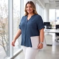 thumbnail image 4 of GRACE & GRANDEUR Women's Plus Size Shirts Mandarin Collar V Neck Elbow Short Sleeve Textual Button Blouses Tops with Pocket 2X Dark Blue, 4 of 7