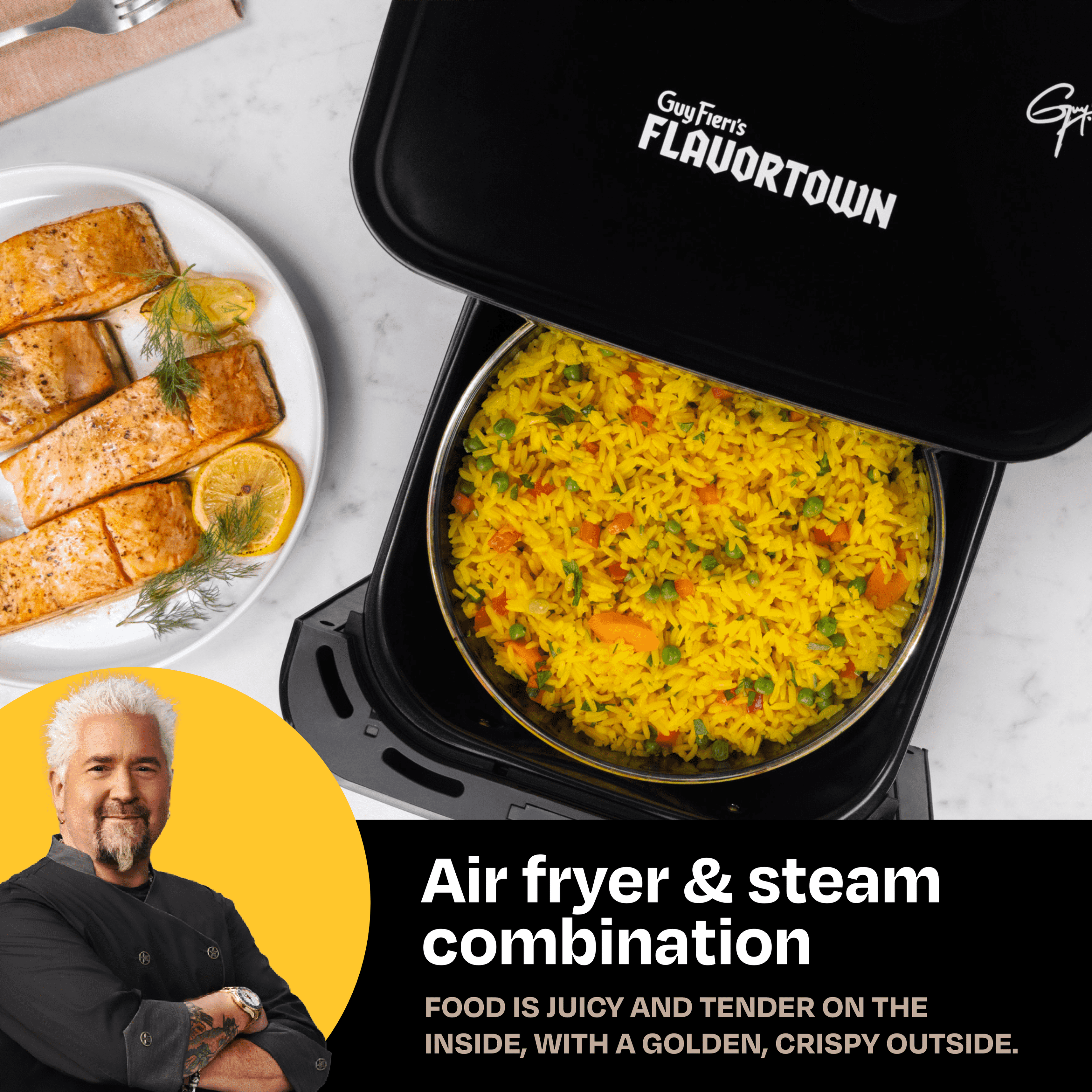 Guy Fieri's Flavortown 6.5 Quart Steam Air Fryer with Moisture Lock Technology –  Programmable Steamer and Air Fryer Combination, Temperature Control, 10-Presets, 1700 Watts