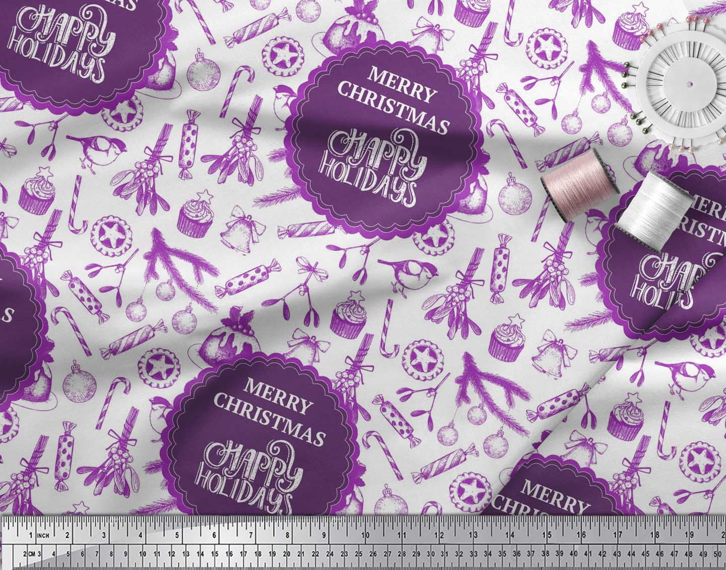 Soimoi Purple Velvet Fabric Candies,Bell & Baubles Christmas Decor Fabric Printed Yard 58 Inch Wide