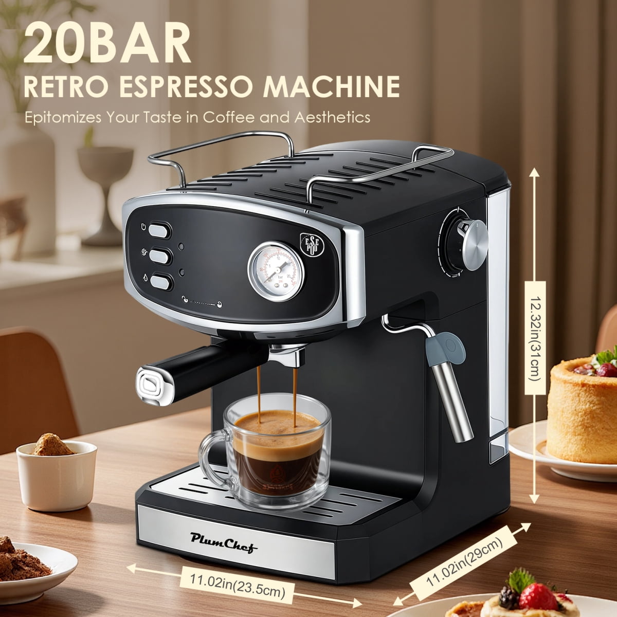 Plum Chef 20 Bar Compact Espresso Machine with Steam Wand, 54oz Water Tank, Low Noise Home Coffee Maker Black