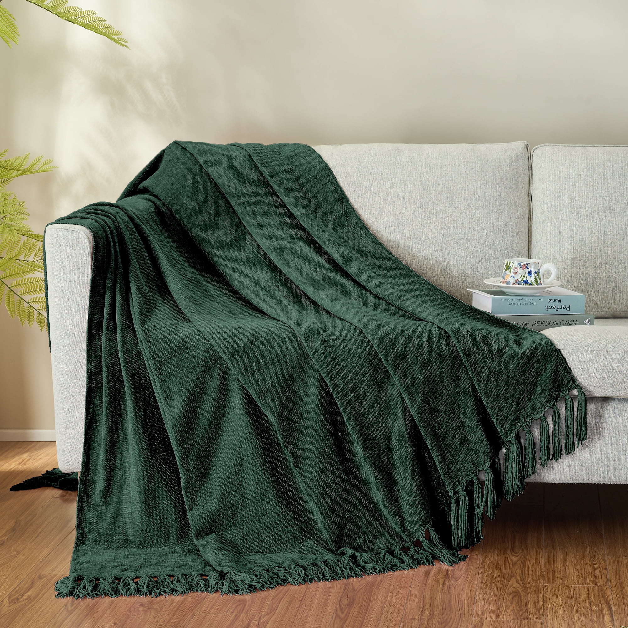 LONG CREATE Chenille Throw Blanket with Fringe Tassel for Couch Sofa Chair Bed, Dark Green 50" x 70"
