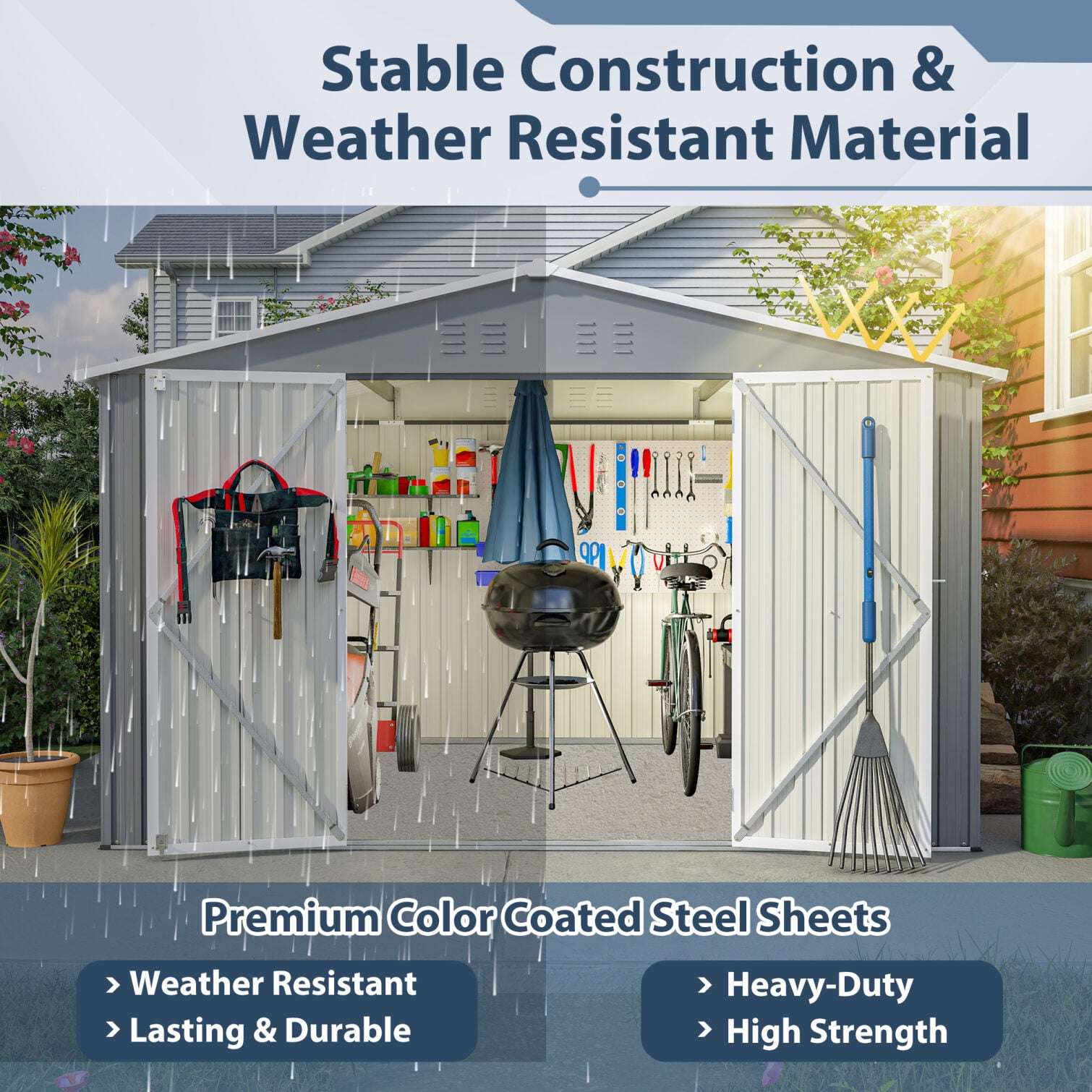 10X8 FT Outdoor Storage Shed, Metal Tool Shed & Outdoor Storage with Lockable Door and Vents Ideal for Bicycles, Tools, Lawnmowers, Backyards, Patios, Lawns