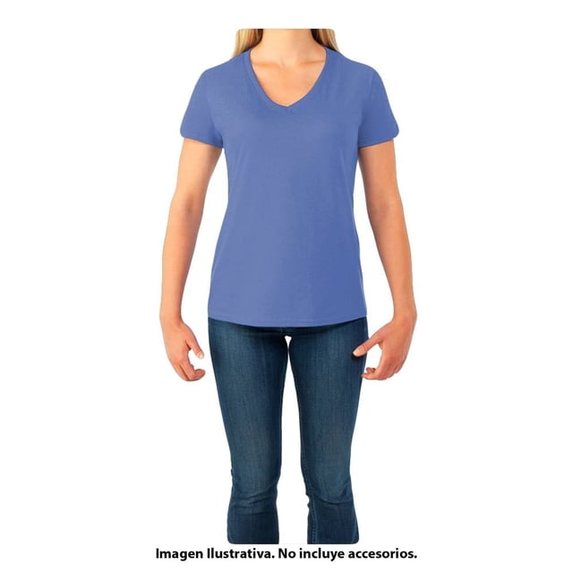 Playera Fruit Of The Loom para Mujer, Cuello V Manga Corta Azul Talla G