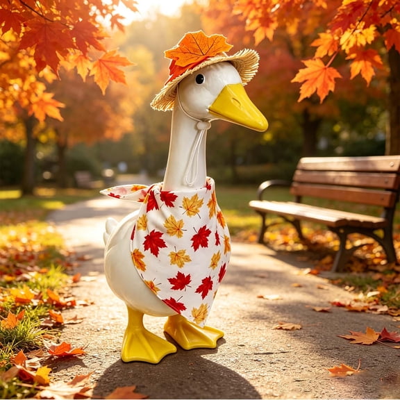 Liamobondopolis Fall Porch Goose Outfit 2 Piece Set with Woven Straw Hat and Maple Leaf Print Bandana Scarf for 23 Inch Outdoor Autumn Yard Decor