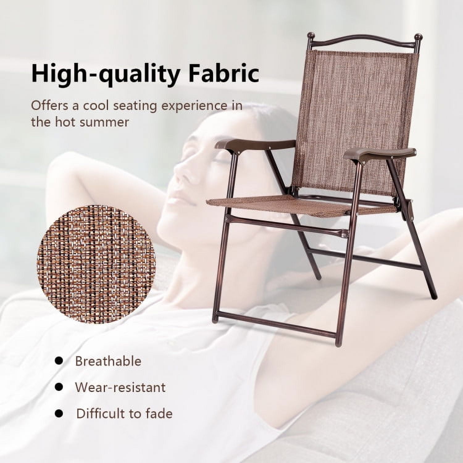 Aimee Lii Set of 2 Patio Folding Sling Back Camping Deck Chairs, Outdoor Patio Set, Brown