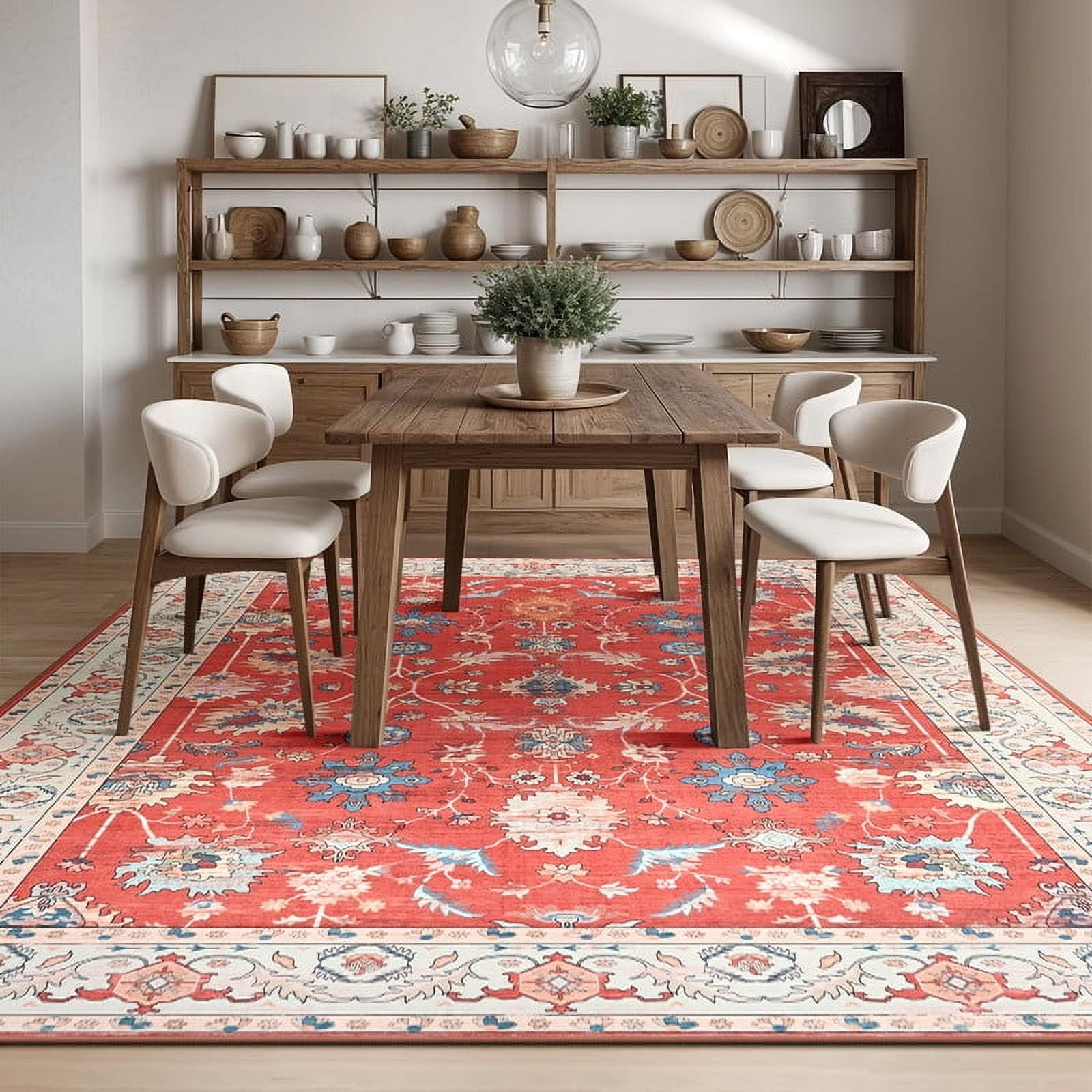 Jamfeel Rugs for Living Room Classic Boho Floral Print Floor Carpets Soft Low Pile Non-slip Washable Area Rug 5'x8' Red