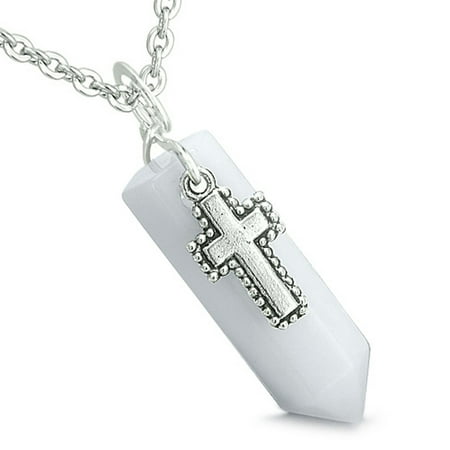- Amulet Crystal Point Wand Holy Cross Charm White Snowflake Quartz Pendant 22 Inch Necklace