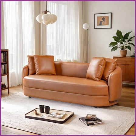Modern Cognac Composite Leather 3-Seat Sofa - 85” Wide Living Room Furniture with Pocket Spring Suspension