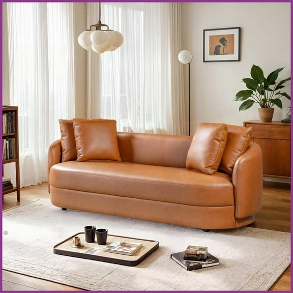 Modern Cognac Composite Leather 3-Seat Sofa - 85” Wide Living Room Furniture with Pocket Spring Suspension