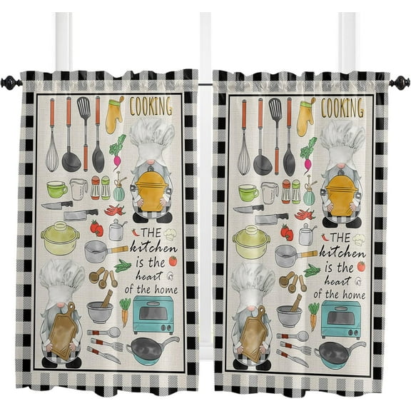 84 Inch Long Tier Curtains for Kitchen, Cooking Utensils Pots and Pans Gnome Black and White Buffalo Plaid Rod Pocket Short Curtains Window Treatment Tiers for Living Room Bathroom 2 Panels