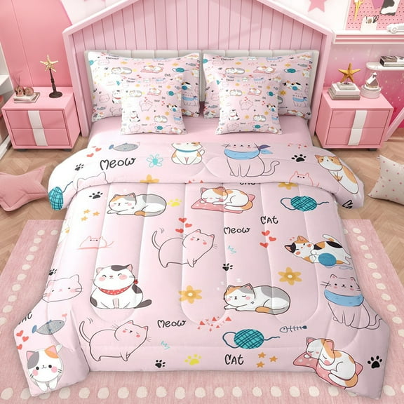 Homewish Pet Kitten Lover 7-Piece Twin Bedding Sets,Kawaii Cat Bedding Comforter Set,Puppy Dogs Paws Sheet Sets For Teens,Microfiber Bedroom Decor Reversible