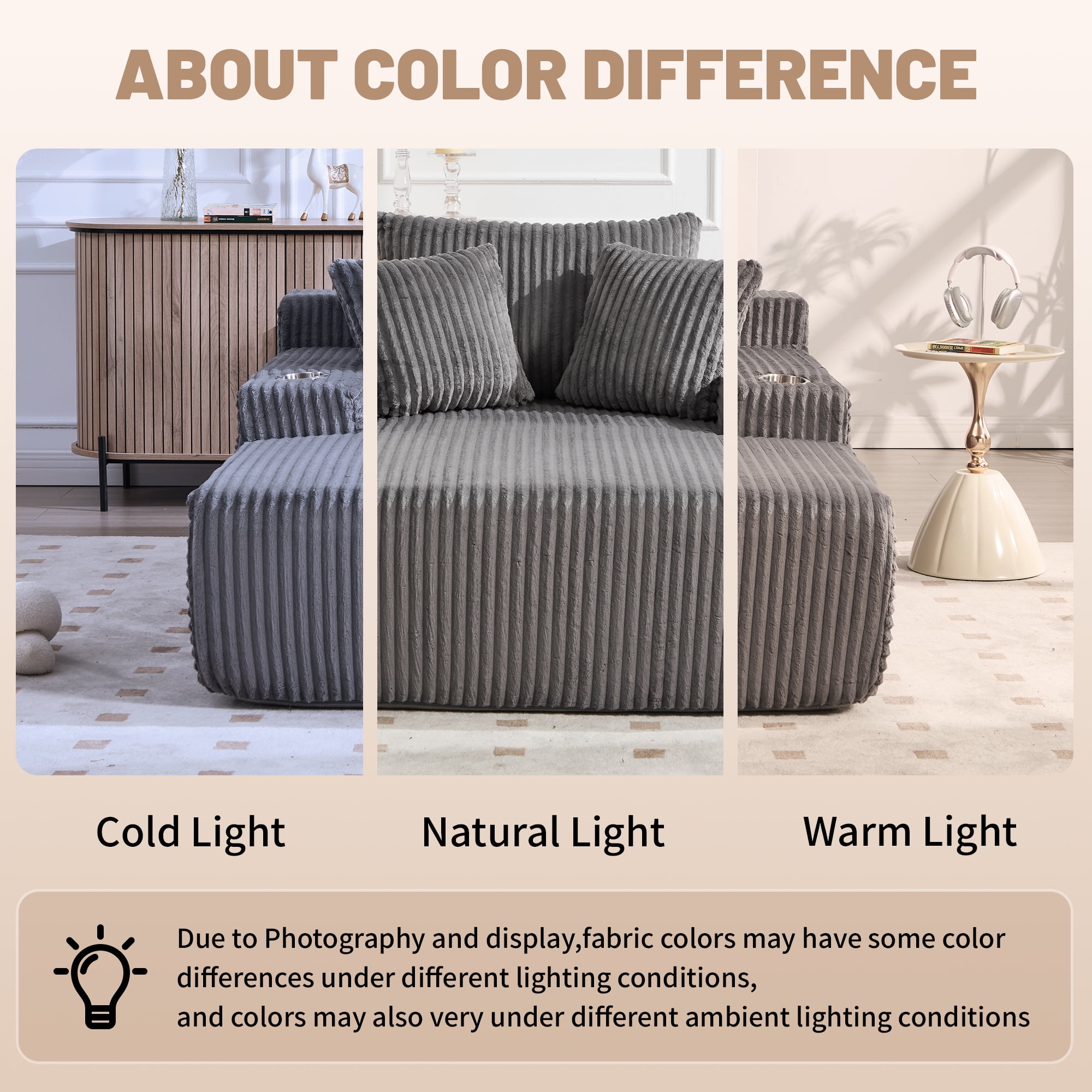 Chaise Lounge Chair Indoor, Oversized Corduroy Upholstered Boneless Sofa with USB & Type C, Deep Seat Sleeper Couch Reading Chairs with Pillows, Pre-assembled Corduroy Sofas Couches Living Room