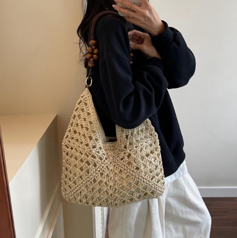 Large Bohemian Handmade Crochet Shoulder Bag – Women’s Summer Straw Woven Tote for Beach, Travel, Casual