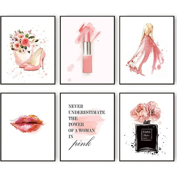 Pink Fashion Wall Art Woman Picture Paintings Posters Makeup Room Decor Perfume High Heels Lipstick Gift Wall Canvas Prints for Girls Bedroom Decor 8x10 Inch Unframed