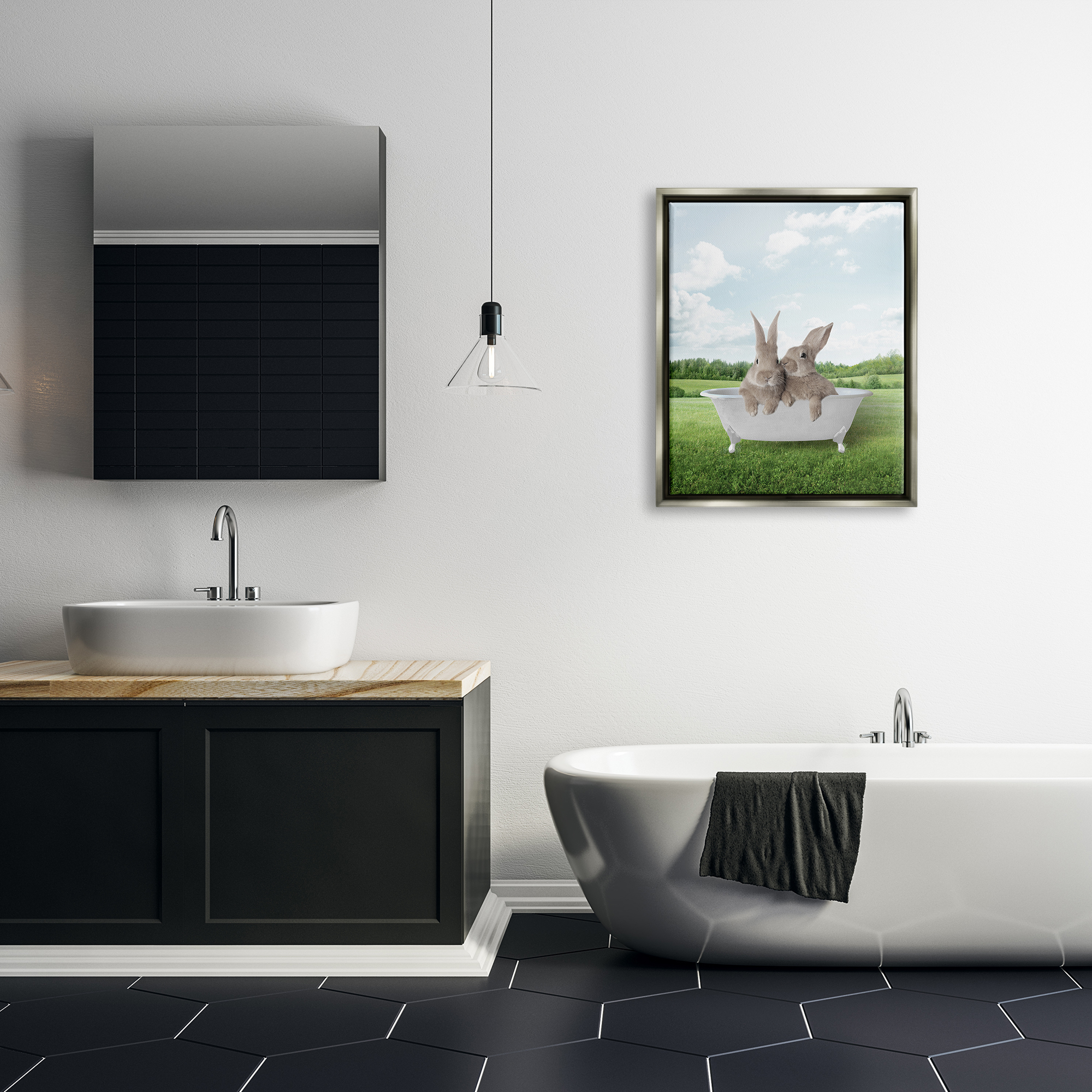 Stupell Industries Bunnies in Tub Landscape Nature Painting Gray Floater Framed Art Print Wall Art, 25 x 31