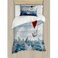 thumbnail image 1 of Nautical Duvet Cover Set Twin Size, Paper Boats in the Ocean with a Warm Toned Hot Air Balloon, Decorative 2 Piece Bedding Set with 1 Pillow Sham, Vermilion Blue Pale Blue and White, by Ambesonne, 1 of 3