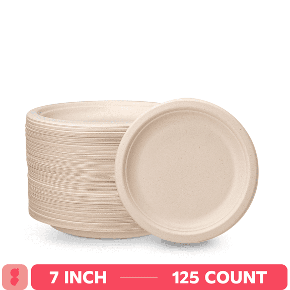 GUSTO 7 Inch 100% Compostable Paper Plates, Eco-Friendly Heavy Duty Disposable Dinnerware, 125 Count