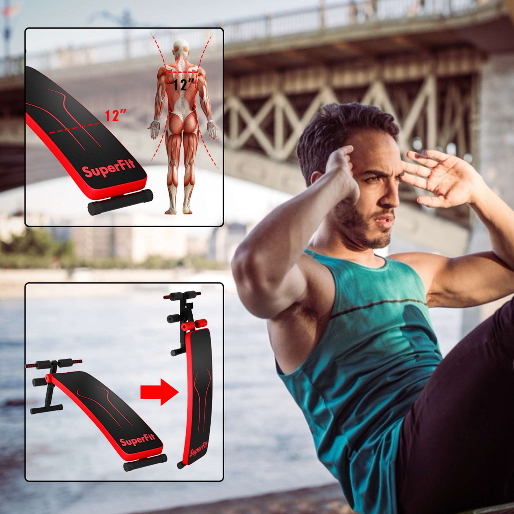 SuperFit Folding Weight Bench Adjustable Sit up Board Workout Slant Red