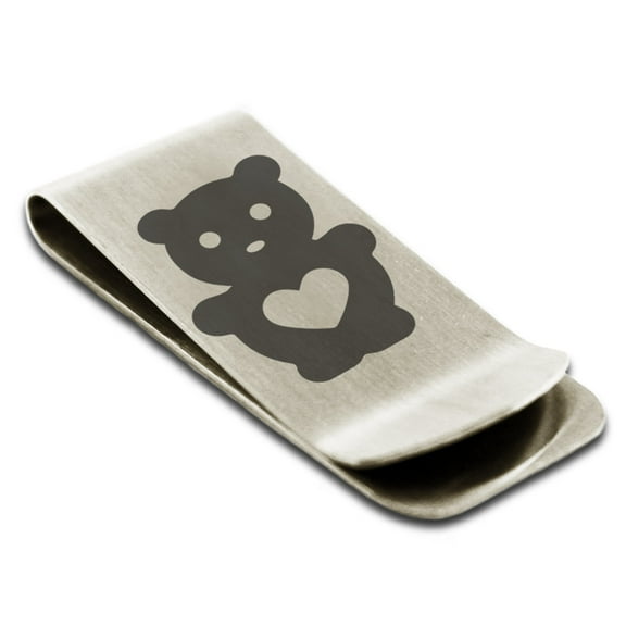 Tioneer Stainless Steel Teddy Bear Love Engraved Money Clip Credit Card Holder