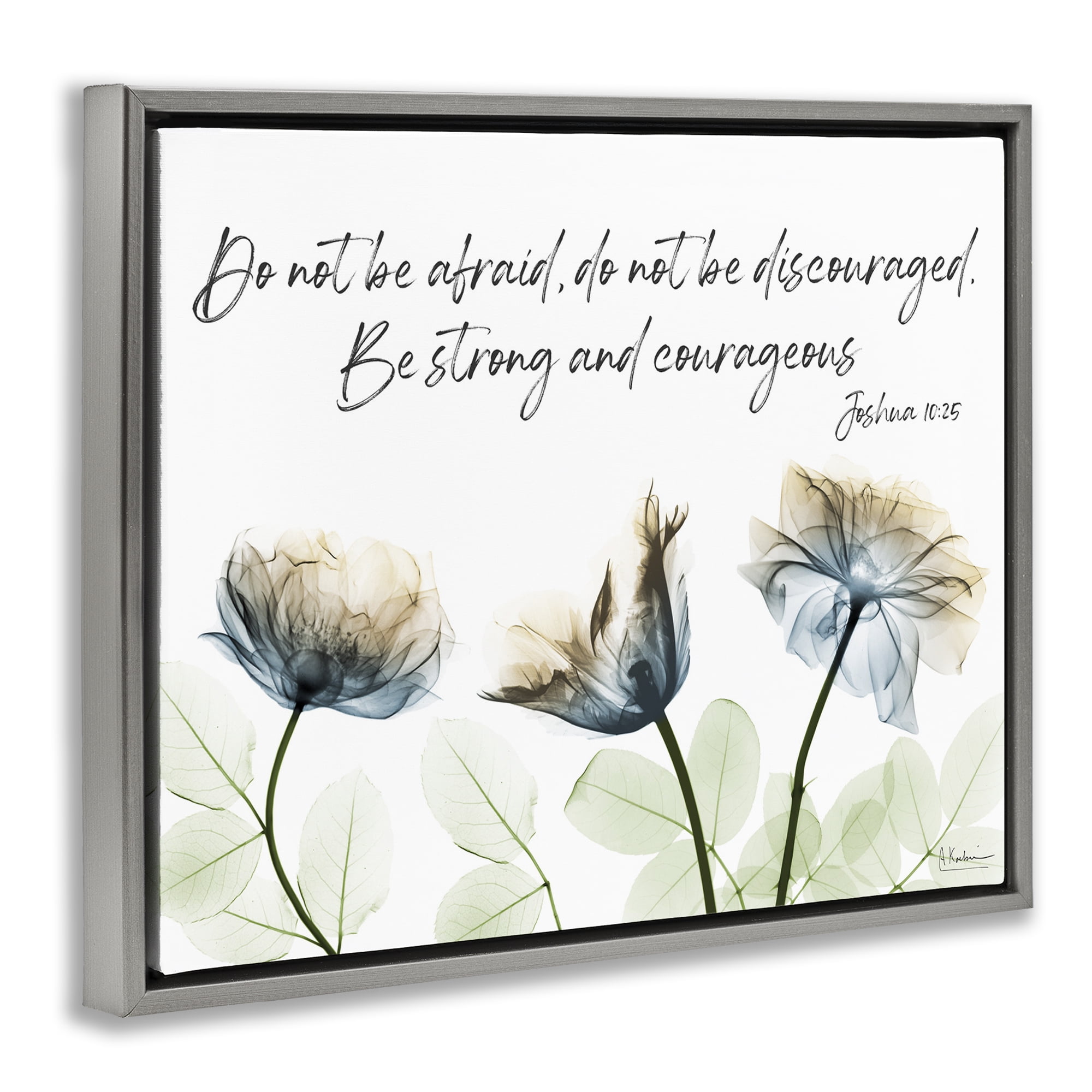 Stupell Industries Strong & Courageous Floral Religious Painting Gray Floater Framed Art Print Wall Art, 31 x 25