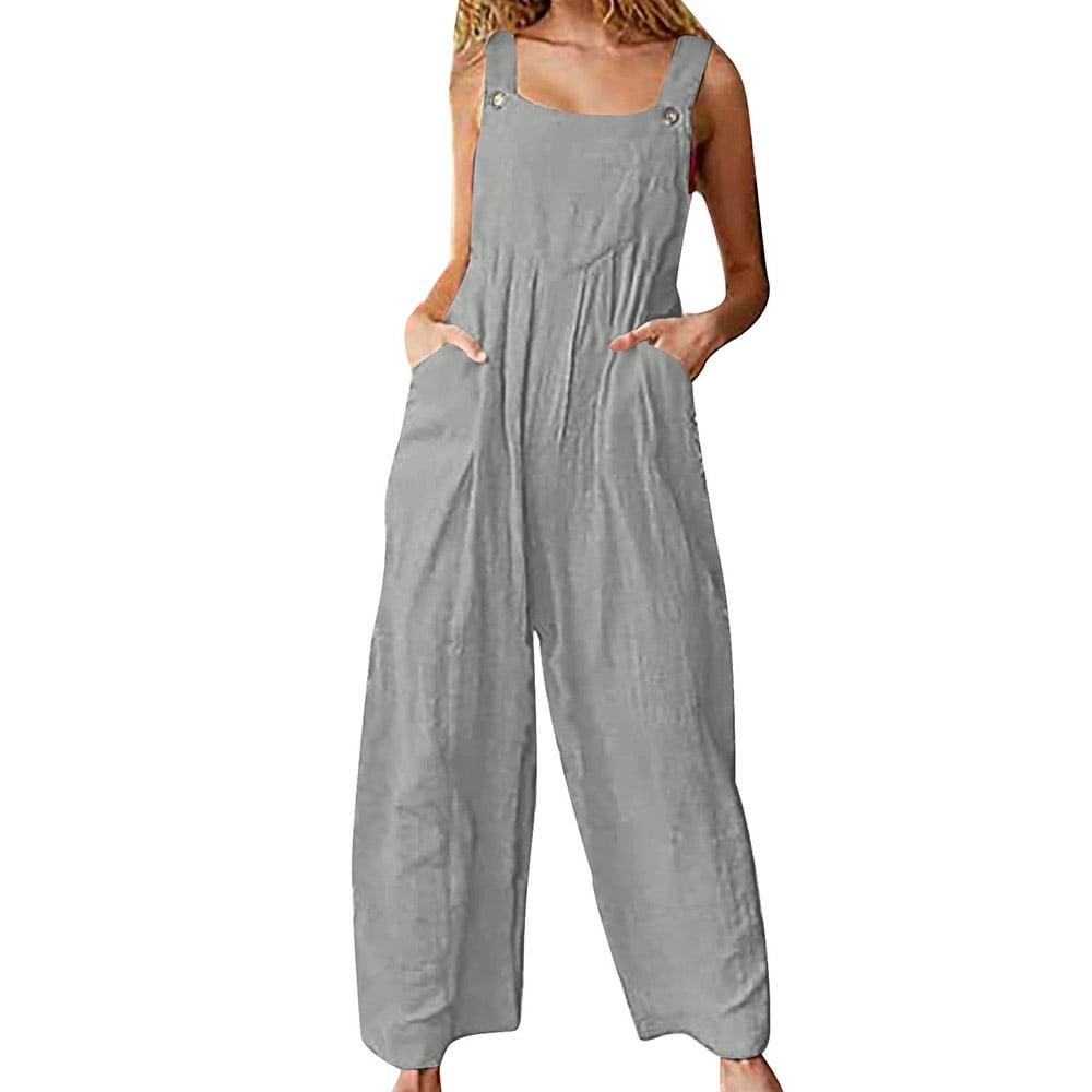 SotRong Women's Vintage Dungarees Long Linen Jumpsuits Loose Fit Baggy Overall Wide Leg Playsuit Casual Trousers Pants 