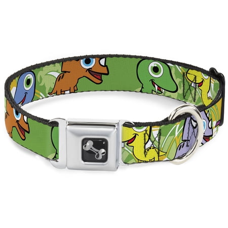 Buckle-Down Pet Collar Dog Collar Metal Seatbelt Buckle Cute Dinosaurs Yellow Green 15 to 24 Inches 1.0 Inch Wide